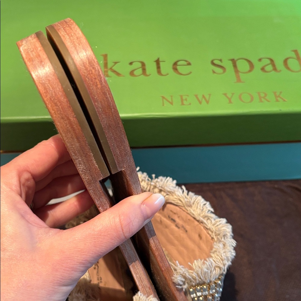Kate Spade Solaina Natural Woven Embellished Jeweled Leather Slides Sandals 9M - Picture 10 of 11